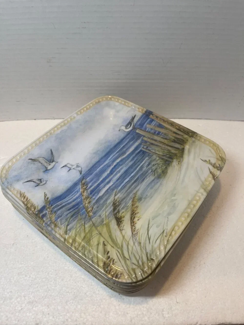 Set Of 10 Keller Charles Melamine Square Plates with Coastal Seagull & Ocean Sce